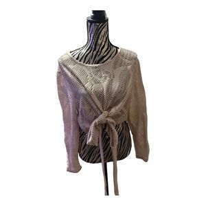 SHEIN Curve Tie Front Striped Beige White Distressed Sweater